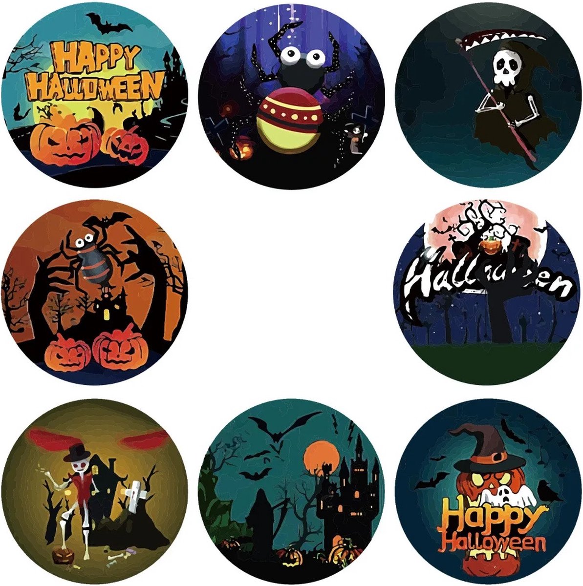 40 Halloween Stickers - 5 stuks per motief - Pompoen/Spin/Skelet/Boom/Kasteel/Happy Halloween - Doorsnede 2,5 cm