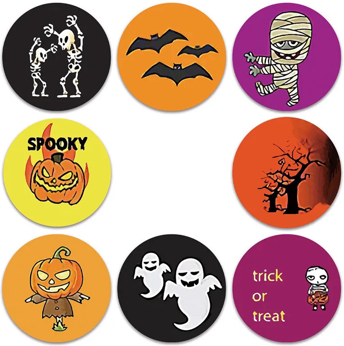 40 Halloween Stickers - 5 stuks per motief - Skeletten/Vleermuizen/Mummie/Spooky/Pompoen/Spoken/Trick or treat/Bomen - Doorsnede 2,5 cm