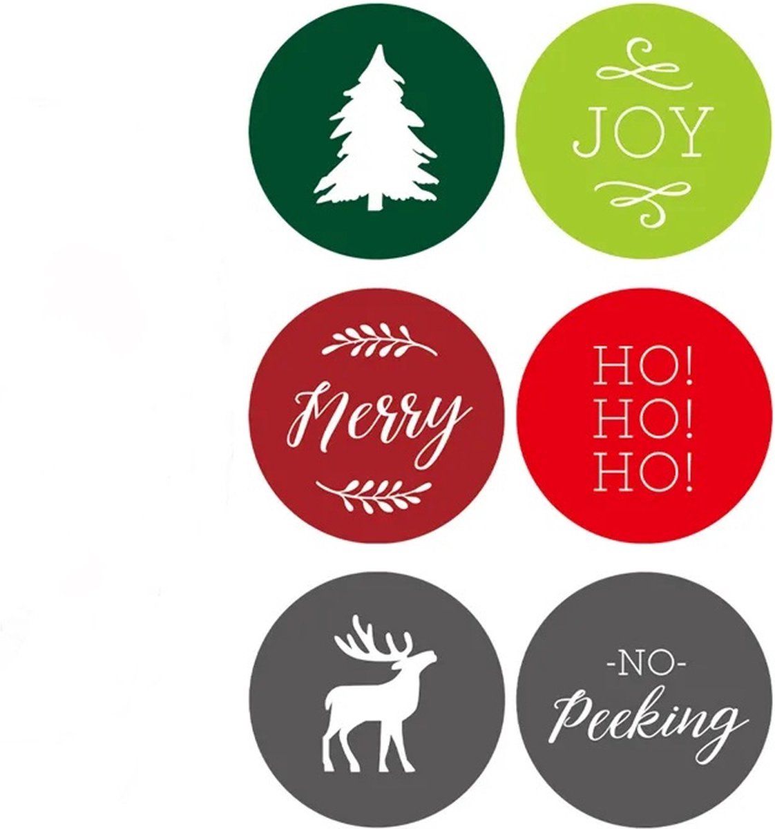 40 Kerst Stickers / Merry Christmas - 5 Stuks per motief - Kerstboom Merry Rendier JOY Kerstboom JOY HOHOHO No Peeking - Groen Grijs Rood Wit - Doorsnede 2,5 cm - Nummer 17