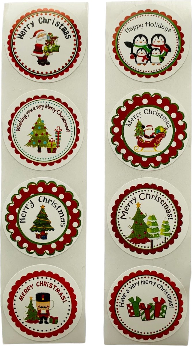 40 Kerst Stickers / Merry Christmas - 5 Stuks per motief - Kerstman Cadeautjes Notenkraker Arreslee Kerstboom Pinguïn - Rood Groen Wit - Doorsnede 2,5 cm - Nummer 8