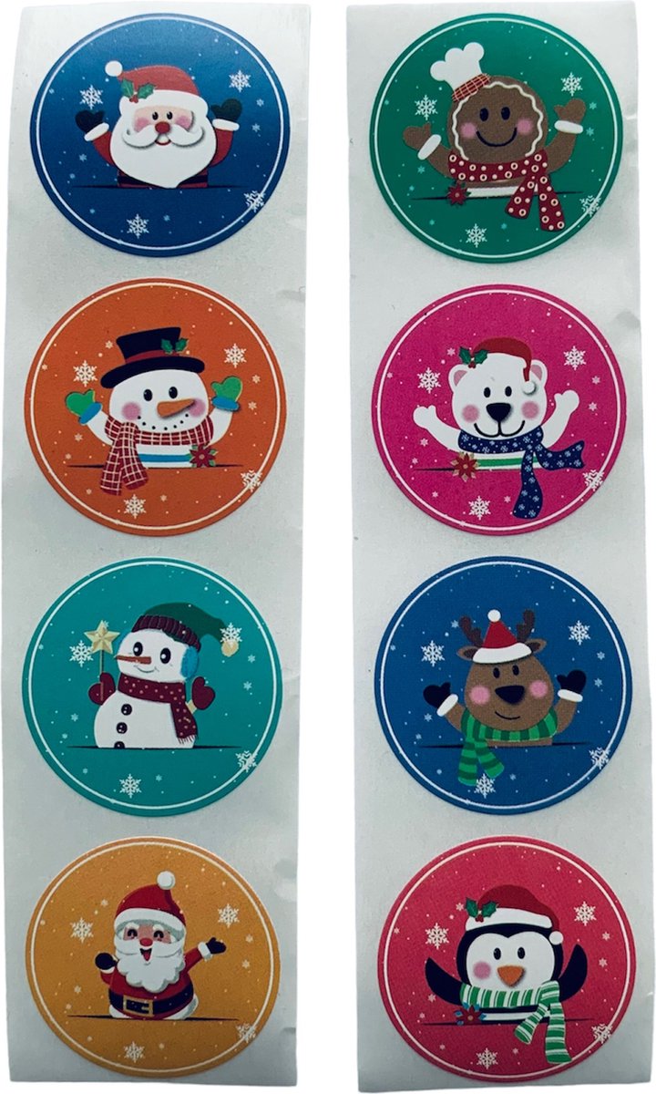 40 Kerst Stickers / Merry Christmas - 5 Stuks per motief - Kerstman Sneeuwpop Gingerbread Beer Rendier Pinguïn - Blauw Oranje Groen Roze - Doorsnede 2,5 cm - Nummer 10