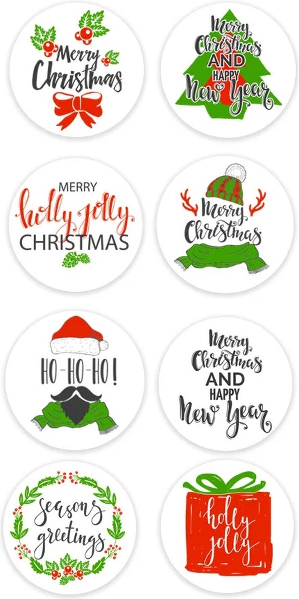 40 Kerst Stickers / Merry Christmas - 5 Stuks per motief - Merry Christmas Holly Jolly Ho-Ho-Ho Hulst Strik Muts Sjaal - Rood Groen Wit Zwart- Doorsnede 2,5 cm - Nummer 20