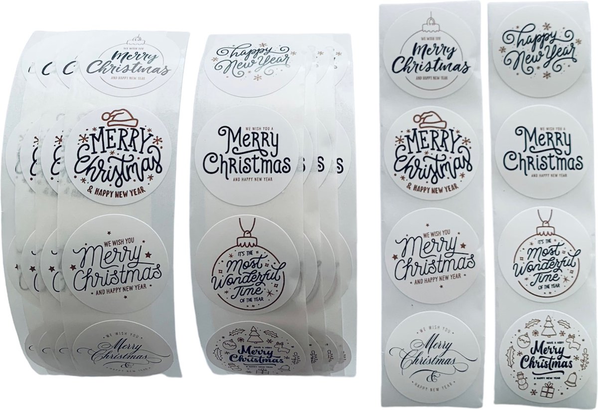 40 Kerst Stickers / Merry Christmas - 5 Stuks per motief - Tekst Merry Christmas / Happy New Year / Most Wonderful Time - Wit Zwart Bruin - Doorsnede 2,5 cm - Nummer 5