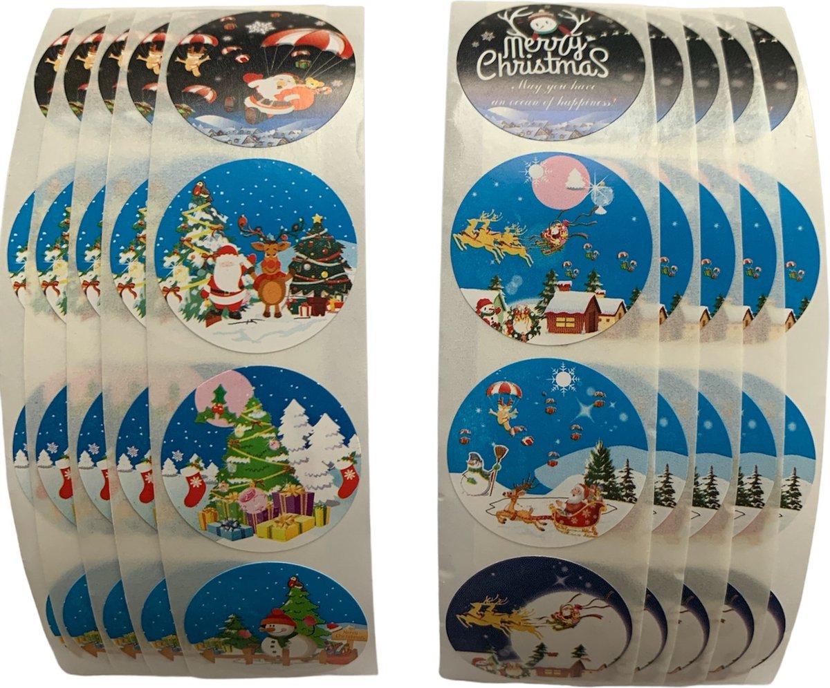 40 Kerst Stickers / Merry Christmas - 8 Stuks per motief - Kerstman Arreslee Kerstboom Sneeuwpop - Blauw Wit Rood Groen - Doorsnede 2,5 cm - Nummer 3