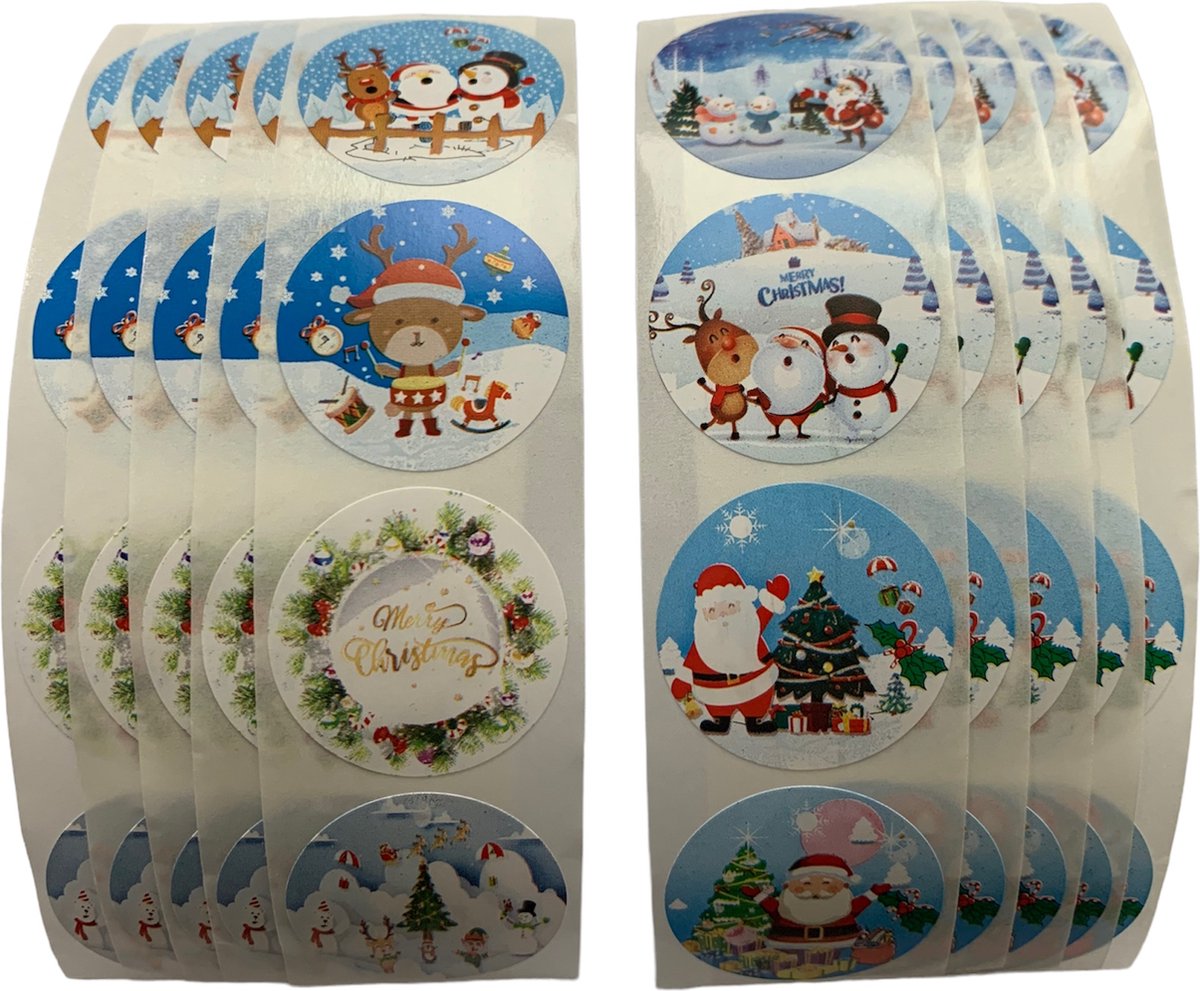 40 Kerst Stickers / Merry Christmas - 8 Stuks per motief - Kerstman Sneeuwpop Rendier Kerstboom - Wit Blauw Rood Groen - Doorsnede 2,5 cm - Nummer 4
