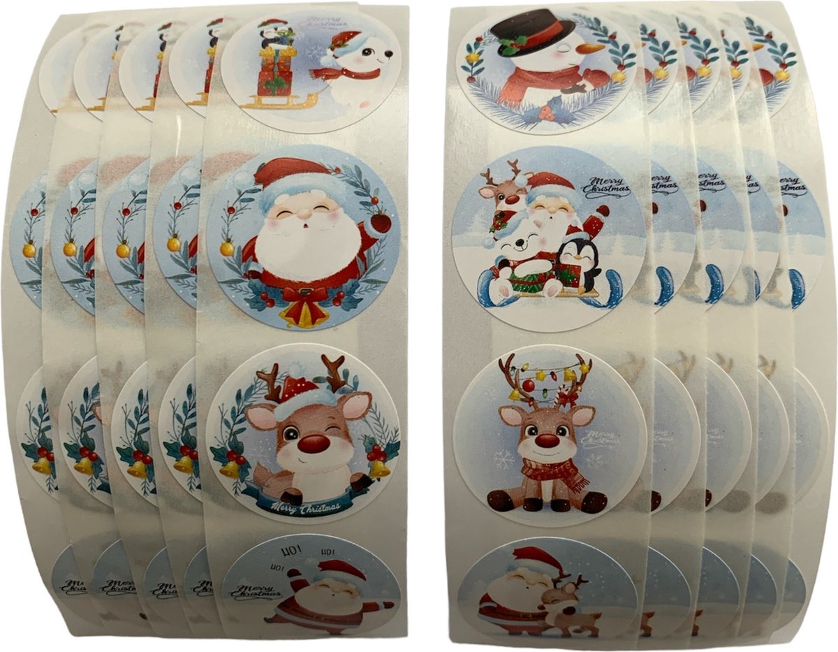 40 Kerst Stickers / Merry Christmas - 8 Stuks per motief - Rendier Kerstman Sneeuwpop Diertjes - Blauw Wit Rood Groen - Doorsnede 2,5 cm - Nummer 1