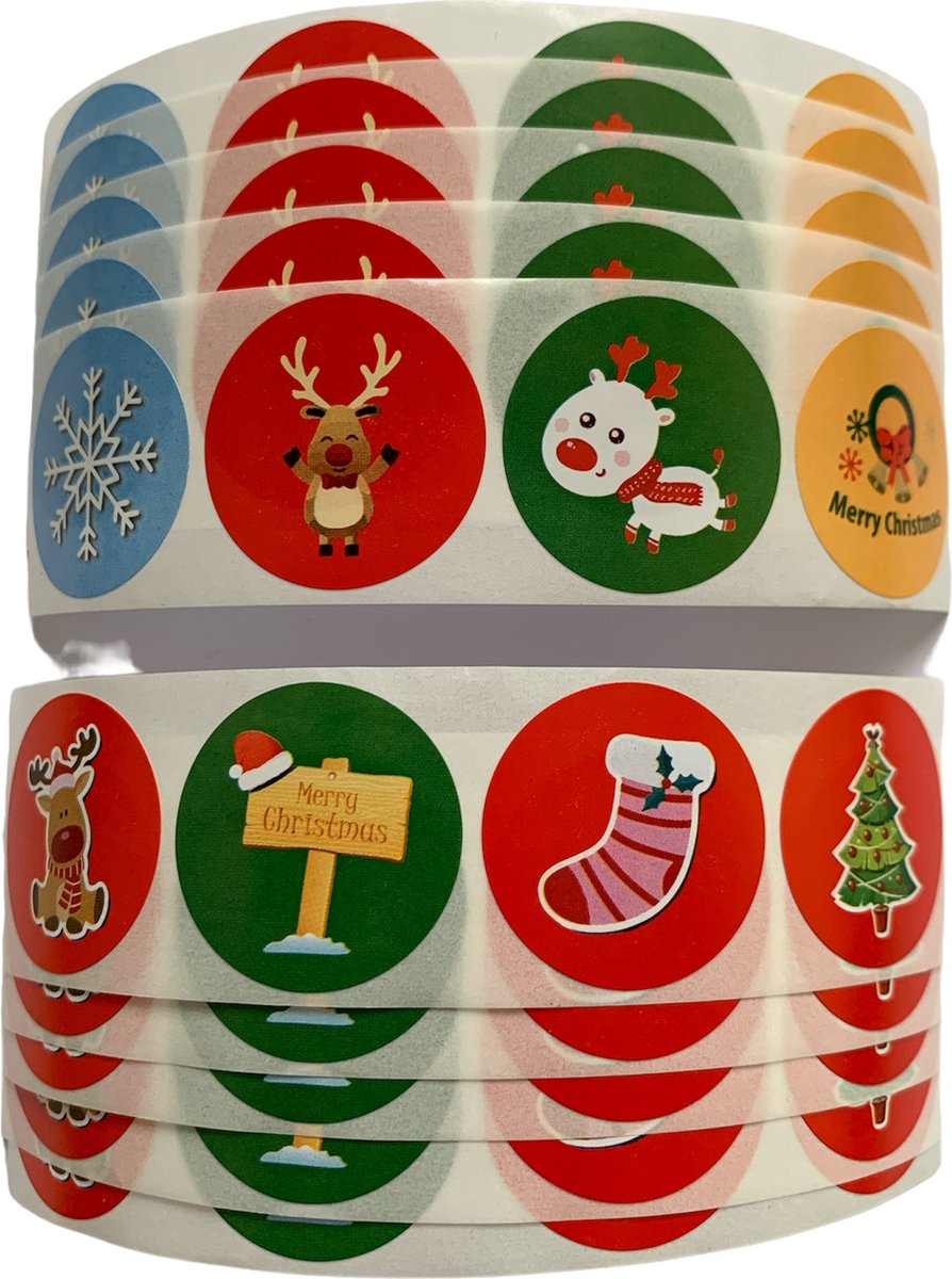 40 Kerst Stickers / Merry Christmas - 8 Stuks per motief - Rendier Sok Kerstboom Sneeuwvlok Bord Bel - Rood Groen Blauw - Doorsnede 2,5 cm - Nummer 2