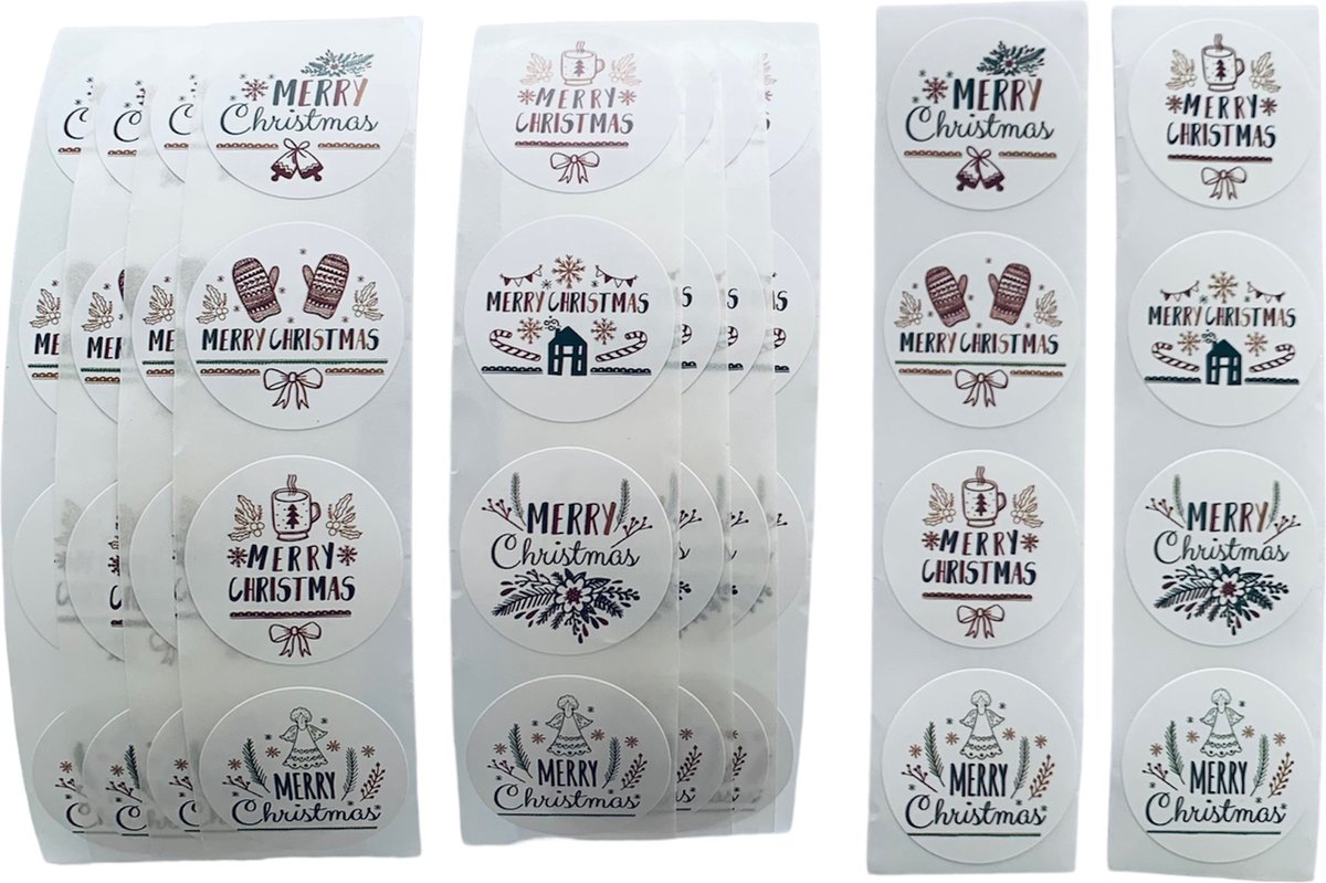 40 Kerst Stickers / Merry Christmas - Tekst Merry Christmas Bellen Wanten Mok Engel Huis Zuurstok Bloem - Groen Rood Zwart Goudbruin Wit - Doorsnede 2,5 cm - Nummer 6