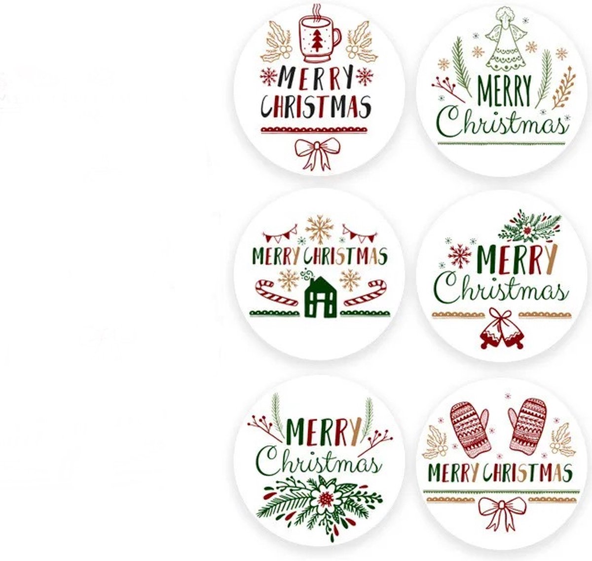 40 Kerst Stickers / Merry Christmas - Tekst Merry Christmas Bellen Wanten Mok Engel Huis Zuurstok Bloem - Groen Rood Zwart Goudbruin Wit - Doorsnede 3,8 cm - Nummer 11