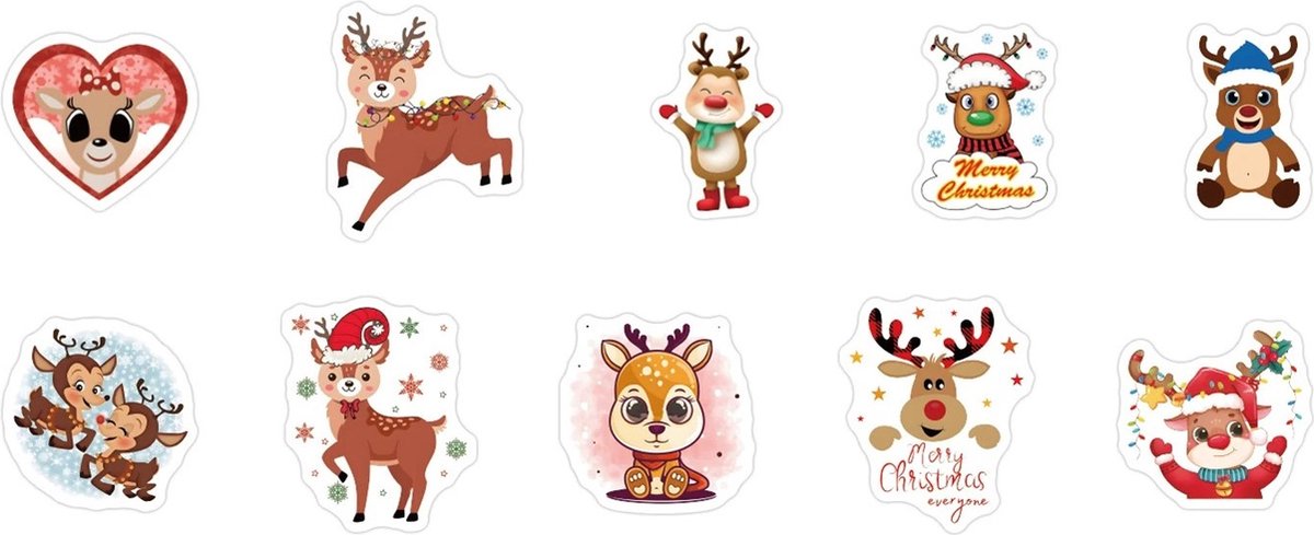 40 Kleine Kerst Stickers / Merry Christmas - 4 Stuks per motief - Rendiertjes - Wit Bruin Rood Blauw - Doorsnede 2 cm - Nummer 15