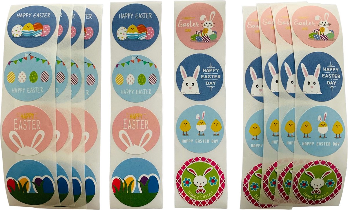 40 Pasen / Happy Easter Stickers - 5 stuks per motief - Roze/Blauw/Groen/Wit - Doorsnede 2,5 cm
