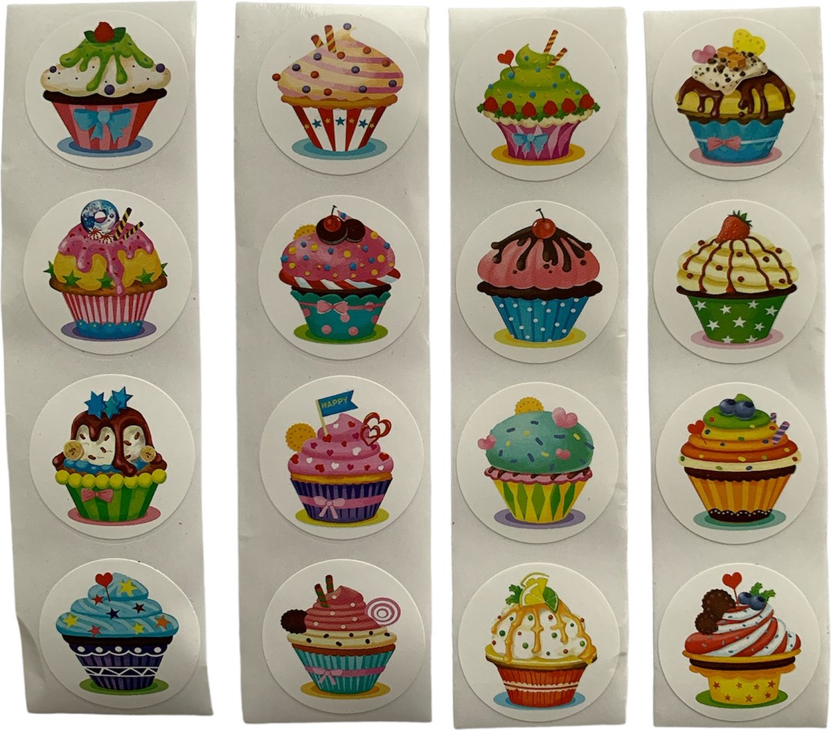 80 Cupcake Stickers - 5 Stuks per motief - Witte achtergrond met diverse kleuren - Doorsnede 2,5 cm