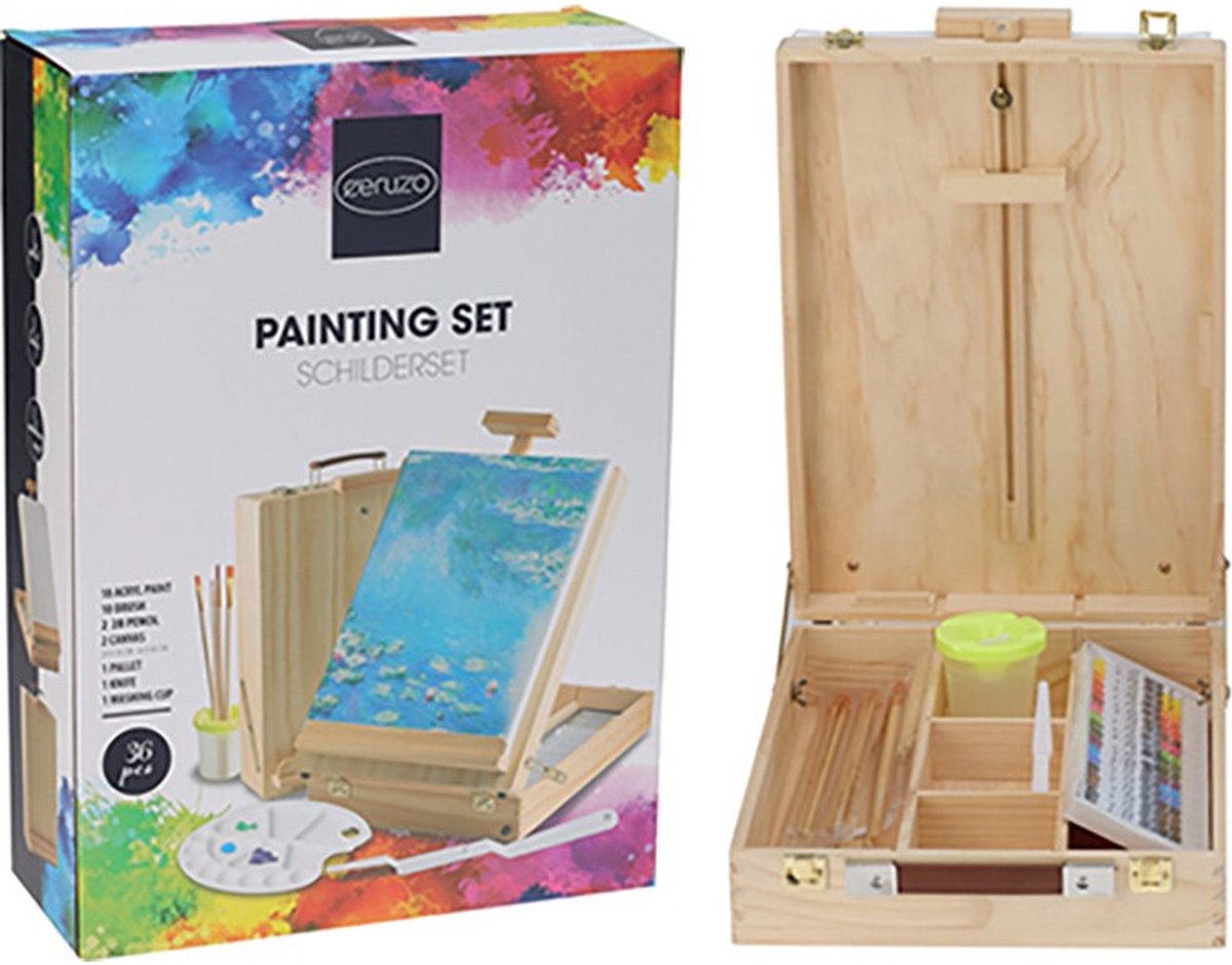 Ceruzo Schildersezel - Schilderkoffer gevuld - 36-delig-Tafel Ezel-Tekenkoffer- 45x32x13cm- Draagbare Ezel-Tekenkist