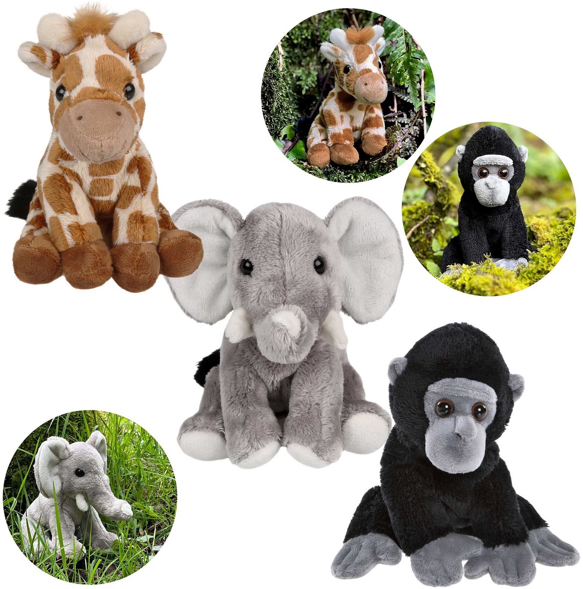 Charlie Bears Set van drie mascottes uit de Cuddle Cubs serie: giraffe, olifant, gorilla - pluche perfect voor babys, 13 cm
