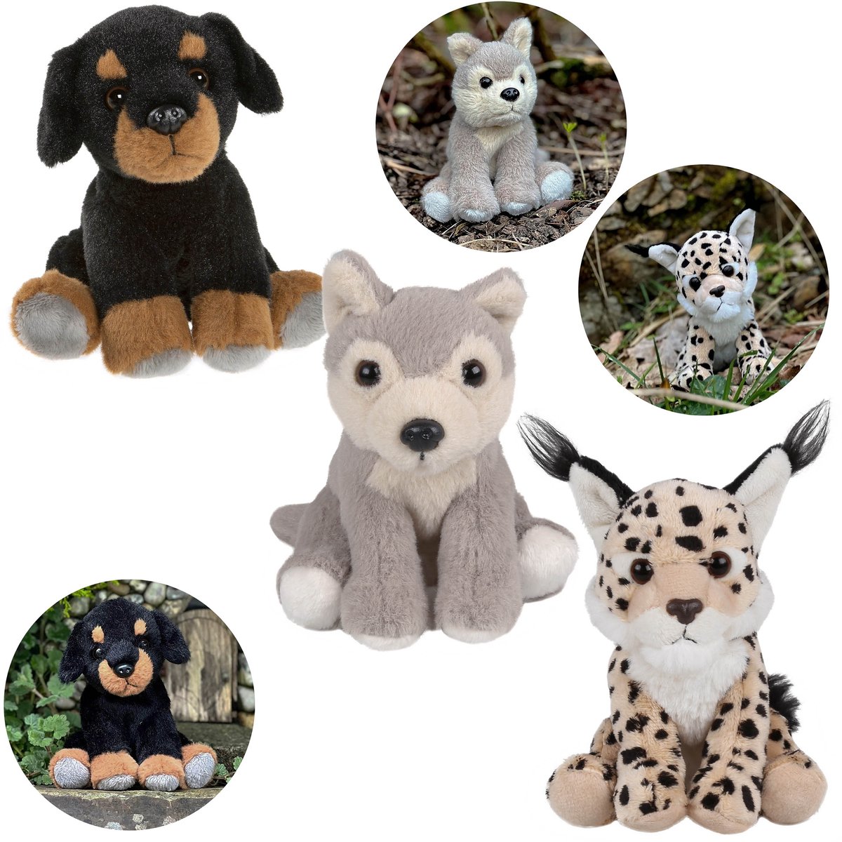 Charlie Bears Set van drie mascottes uit de Cuddle Cubs serie: hond, wolf, lynx - pluche perfect voor babys, 13 cm