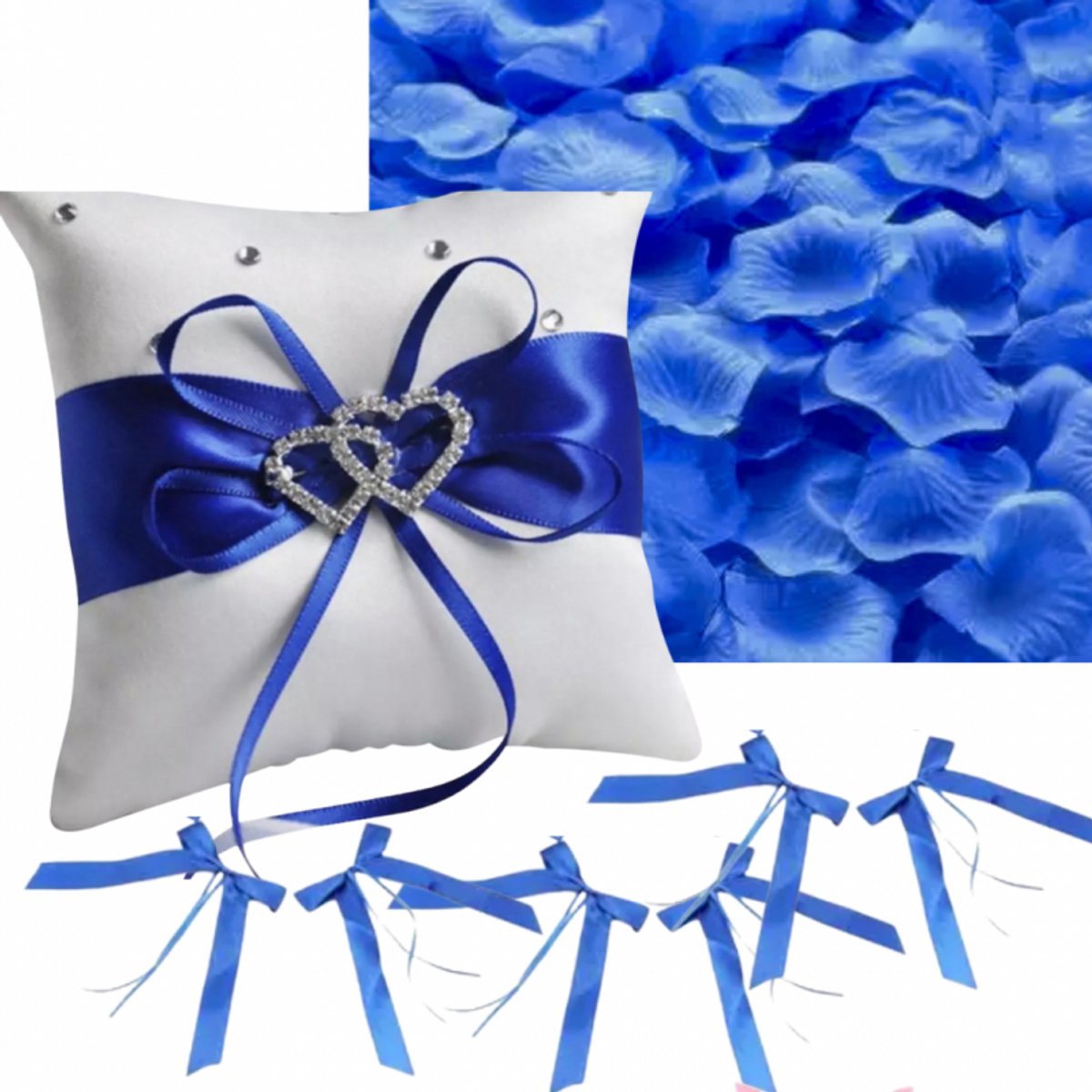 3-Delig-Ringenkussentje-Autolinten-500 Rozenblaadjes-Blauw - Charme Bijoux