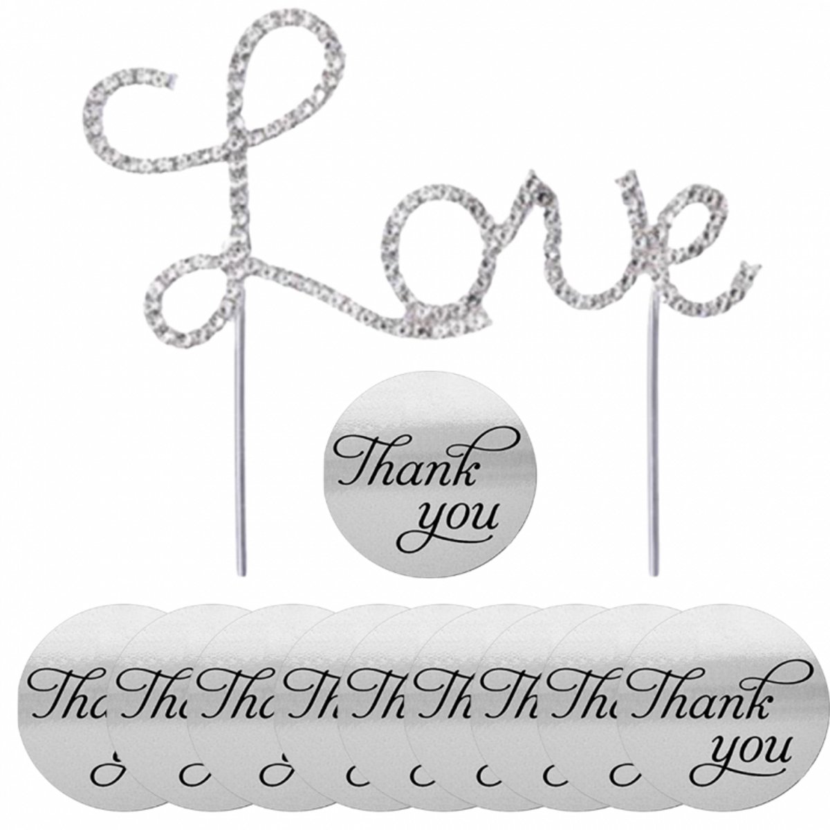 Taarttopper- Love strass en zilverkleur stickers thank you - Charme Bijoux