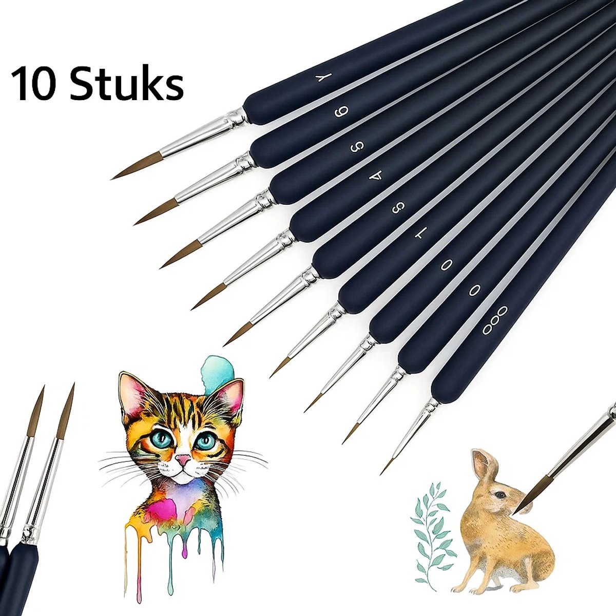 10-Delige Dunne Penselenset I Professionele Verfkwasten Set Met Precisiepunten I Voor Waterverf, Acryl, Aquarel & Olieverf