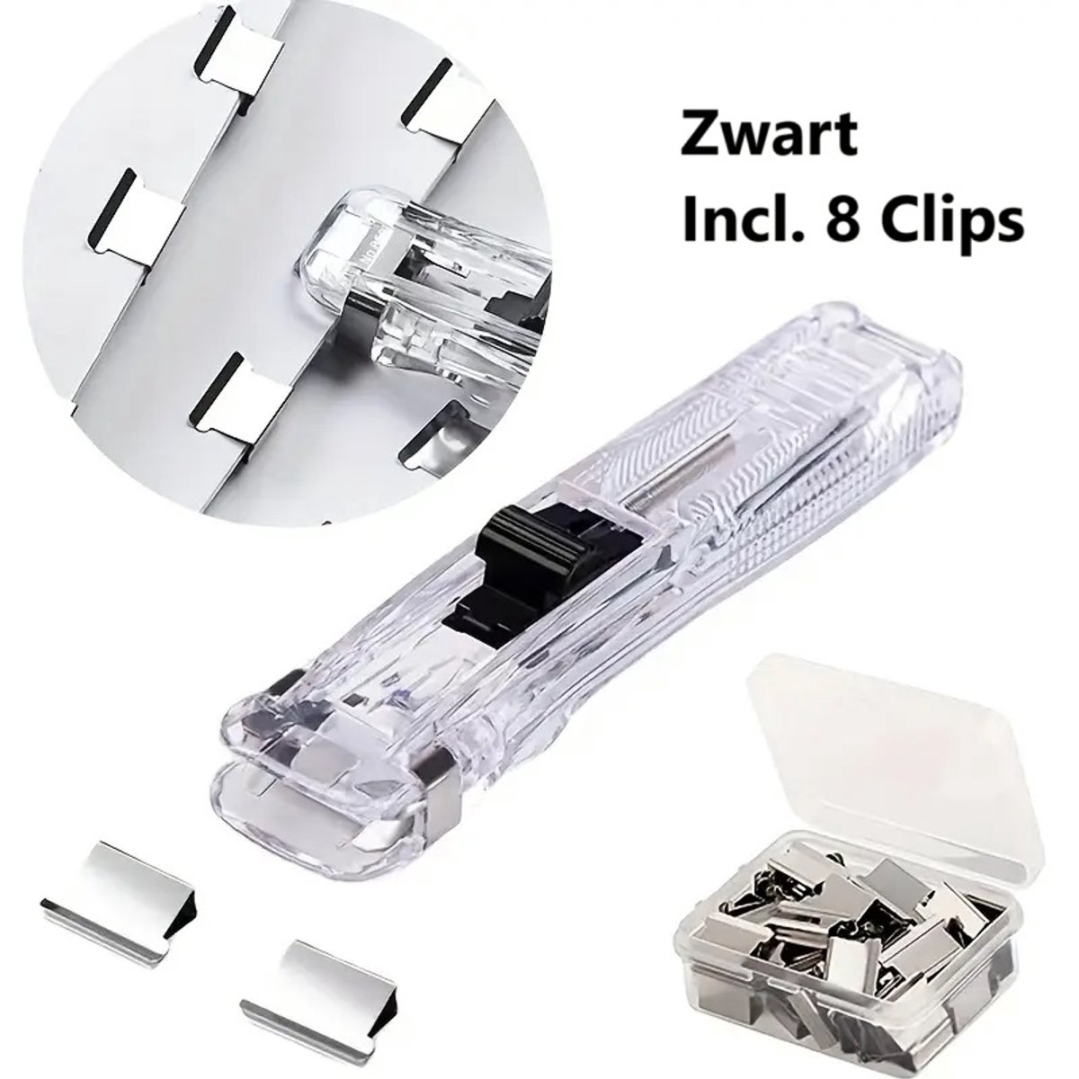 Compacte Drukstapelaar Voor Papier I Papier Binder I Nietloze Papierclipper/Nietmachine I Incl. 8 Clips I Zwart