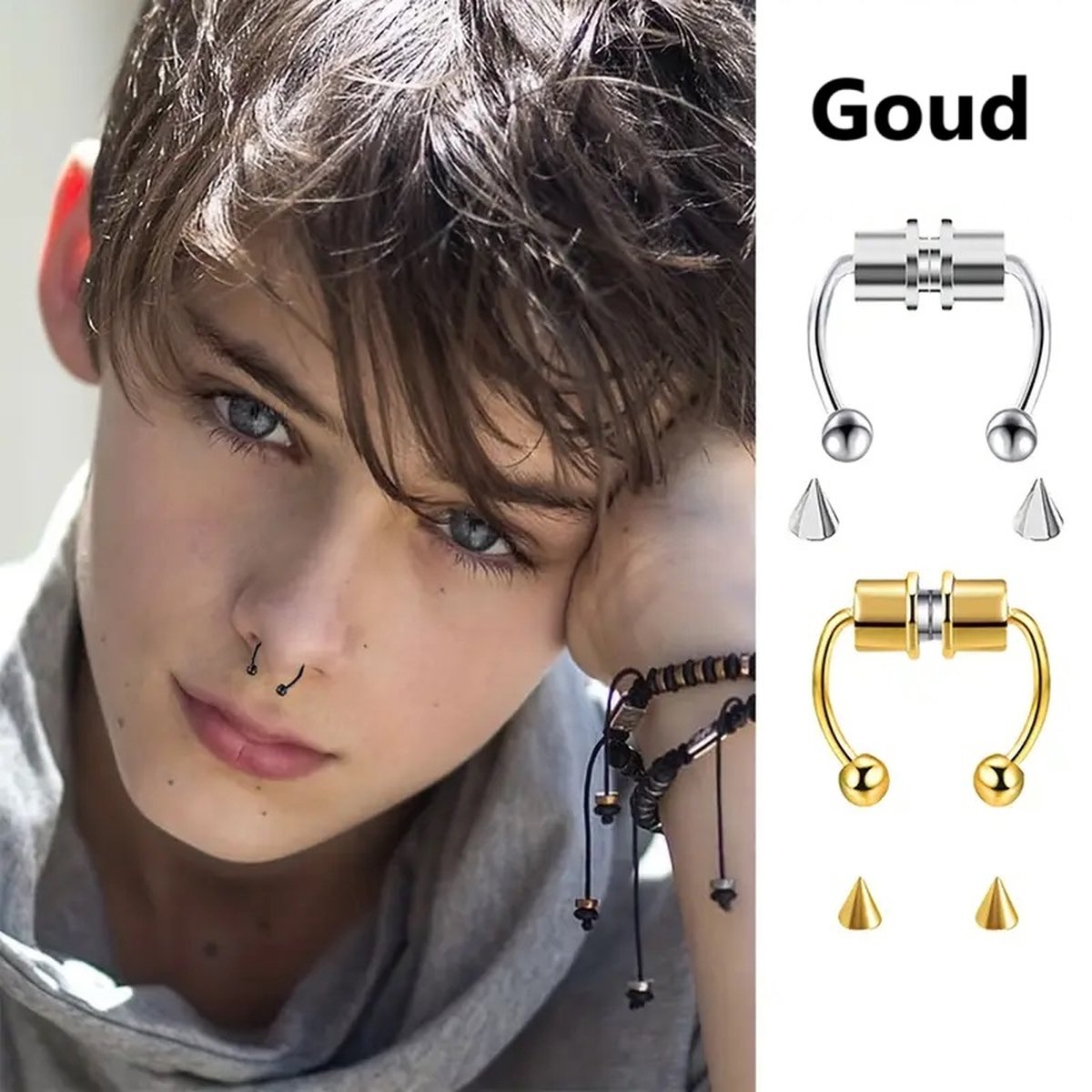 Fake Neuspiercing I Nep Neuspiercing I Decoratieve Neuspiercing I Neusring I Magnetisch I Incl. 4 opzetstukje I Goud