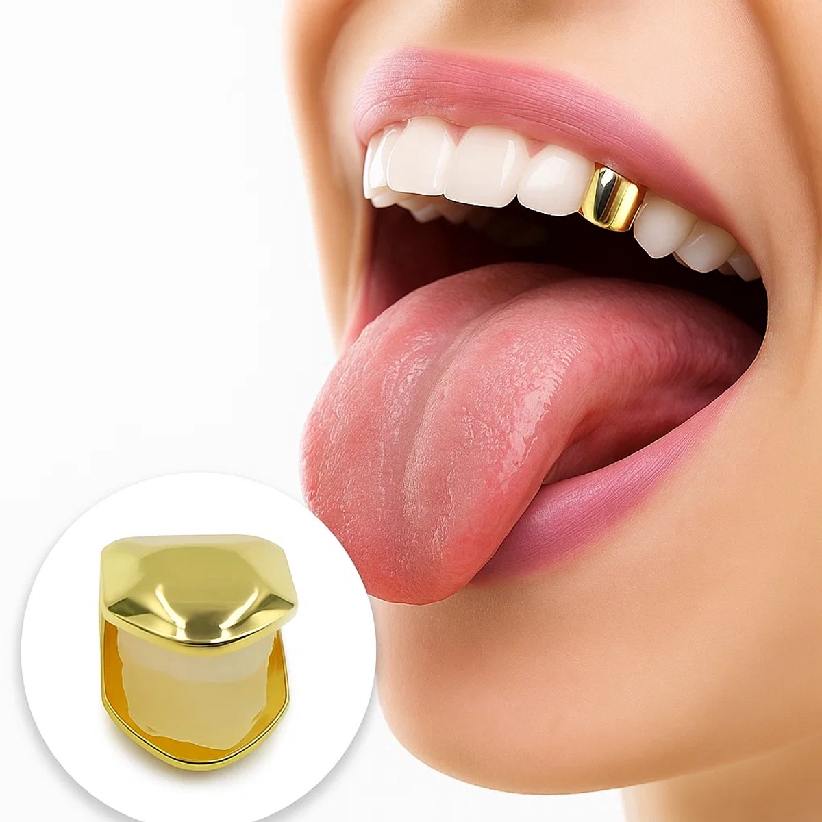 Gouden Opzet Tand I Fake Tand I Neppe Tand I Grill I Universele Pasvorm I 14K Verguld I Inclusief Bevestigingspincet