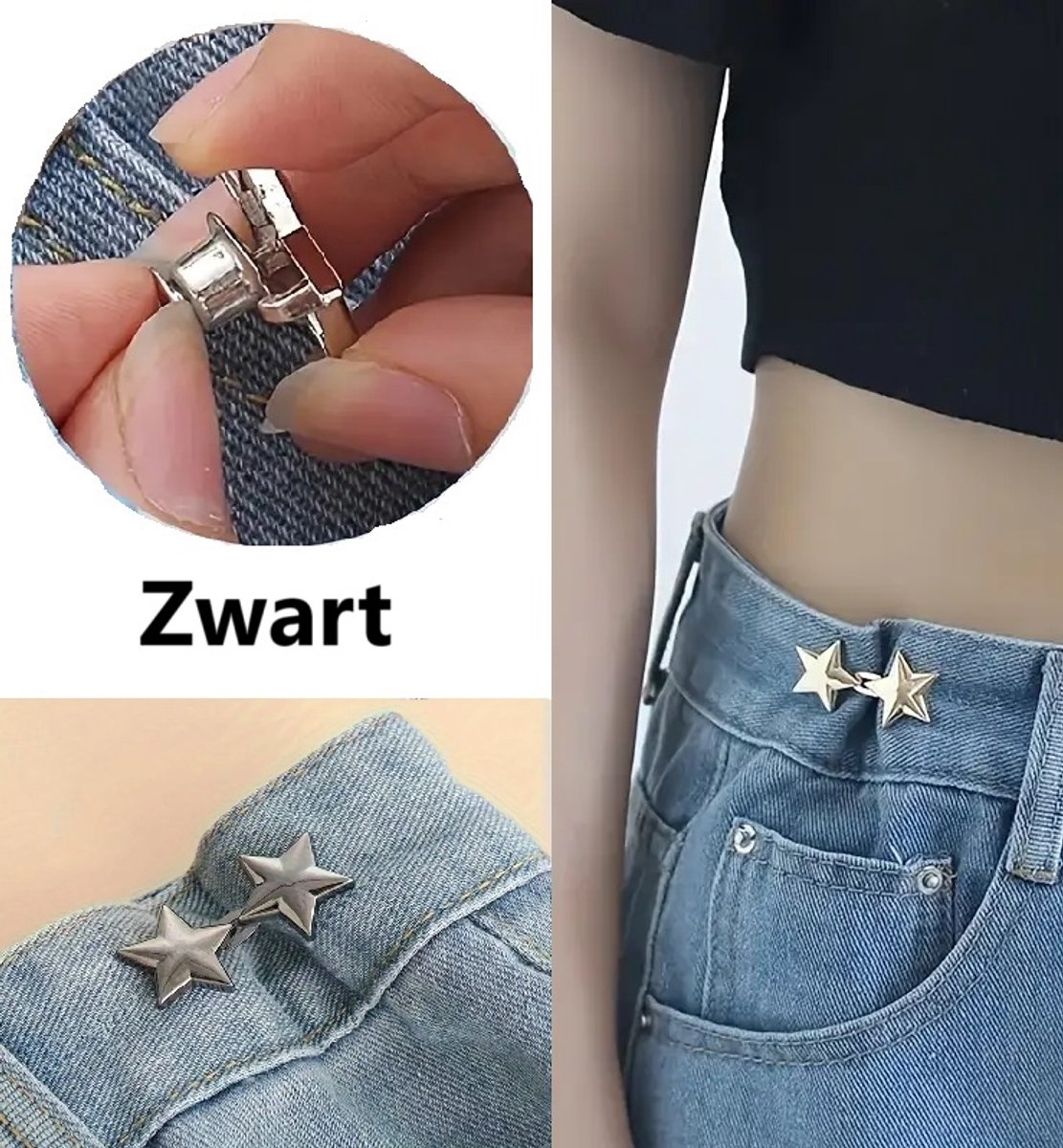 Stervormige Spijkerbroek Verkortknopen I Spijkerbroek Taille Verkleiner I Taille Gesp I Verstelknoop Broek I Universeel I 4,5 CM I 1 Set I Zwart