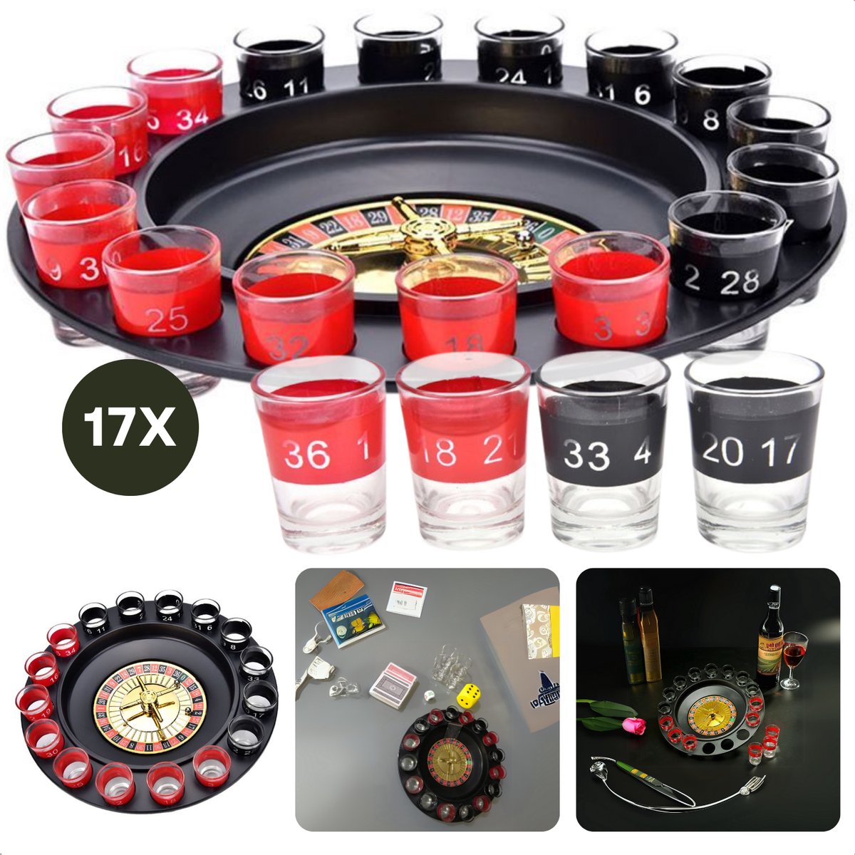Cheqo® Drinkspel Roulette - 16 Shotglazen Set - Drankspel - Drankspelletje - Feestspel Accessoires - Diameter 30 cm