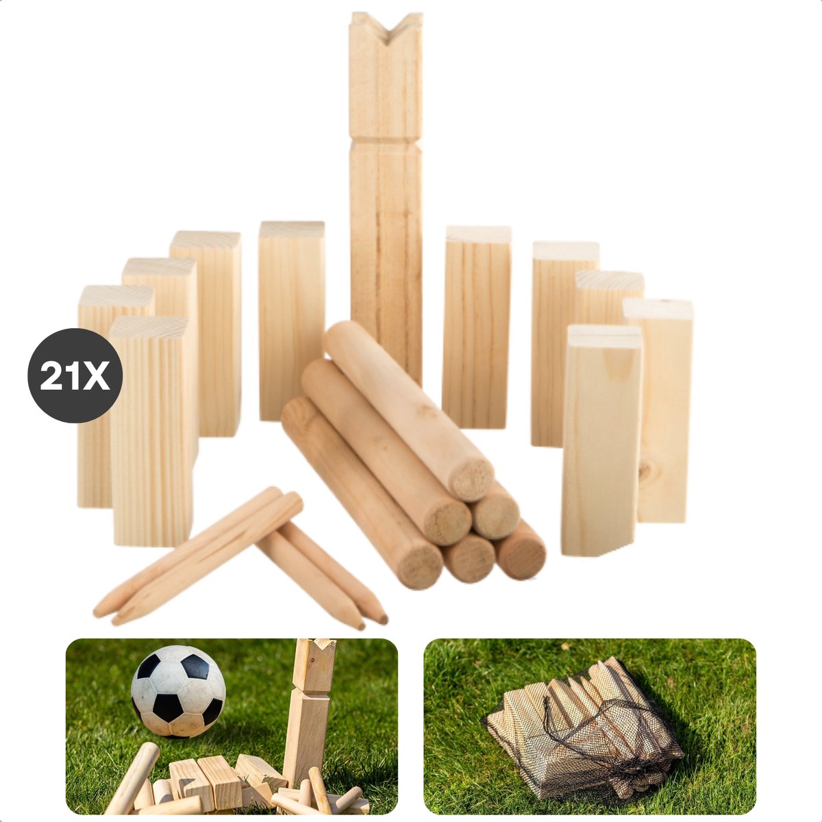 Cheqo® Houten Kubb Spel - Berkenhout - Werkspel - Inclusief Draagtas - Voor Kinderen - 21 Onderdelen