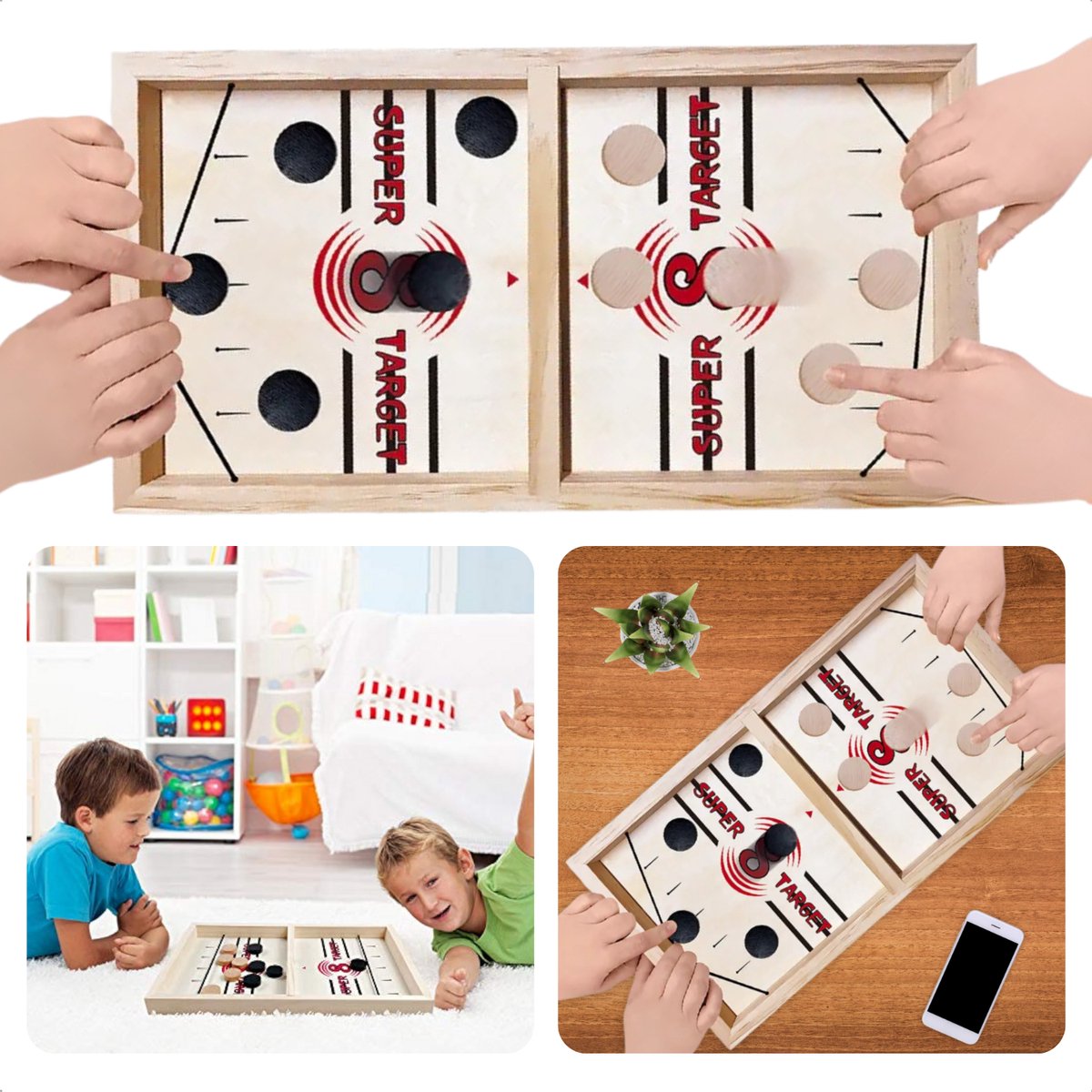 Cheqo® Houten Puckspel - Slingshot Puck Spel - Sjoelen - Tafelspel voor Kinderen - 35 cm - Educatief Speelgoed - 2 Spelers