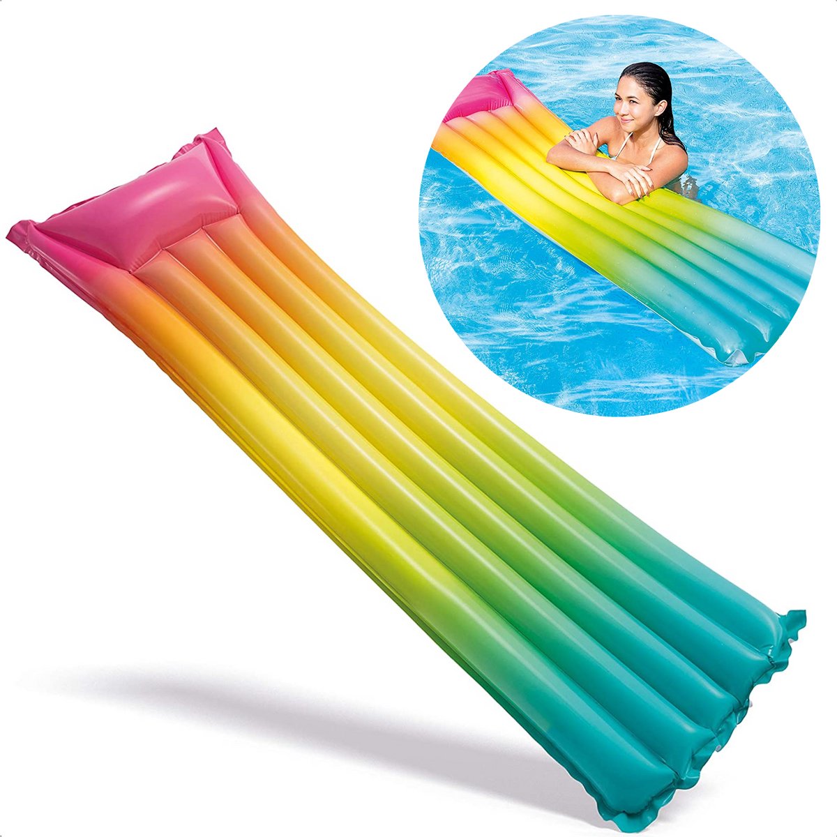 Cheqo® Luchtbed voor Zwembad - Regenboog - Opblaasfiguur - 2 Kamers - 170x53cm - Met Reparatieset