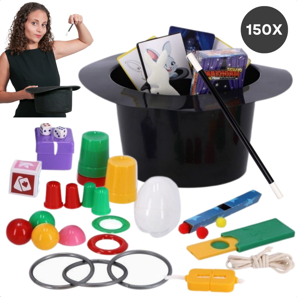 Cheqo® Magische Goocheldoos - 150 Trucs - Magic Tricks Set - Inclusief Goochelhoed en Goochelstok - Met Bekers, Ringen, Ballen, en Meer - Goochelset voor Kinderen - Goochelen