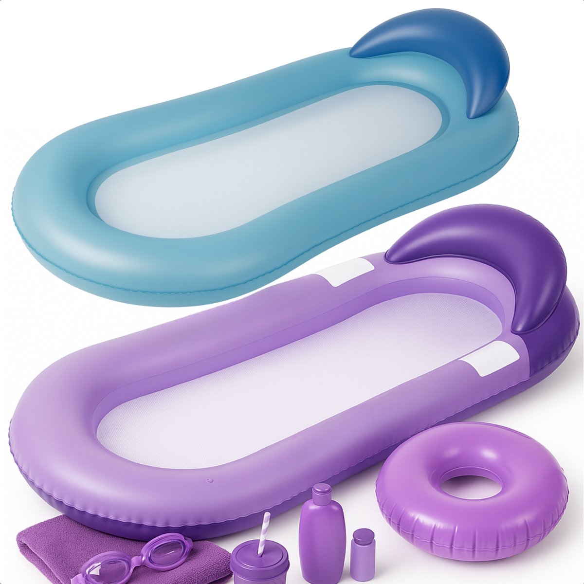  ® Opblaasbaar Lounge Luchtbed – Zwembad Luchtbed met Netbodem – Relax Loungebed – Drijvend Zonnebed – Duurzaam PVC – Strand Luchtbed – Inclusief Repairpatch – Paars of Blauw – Comfort & Ontspanning
