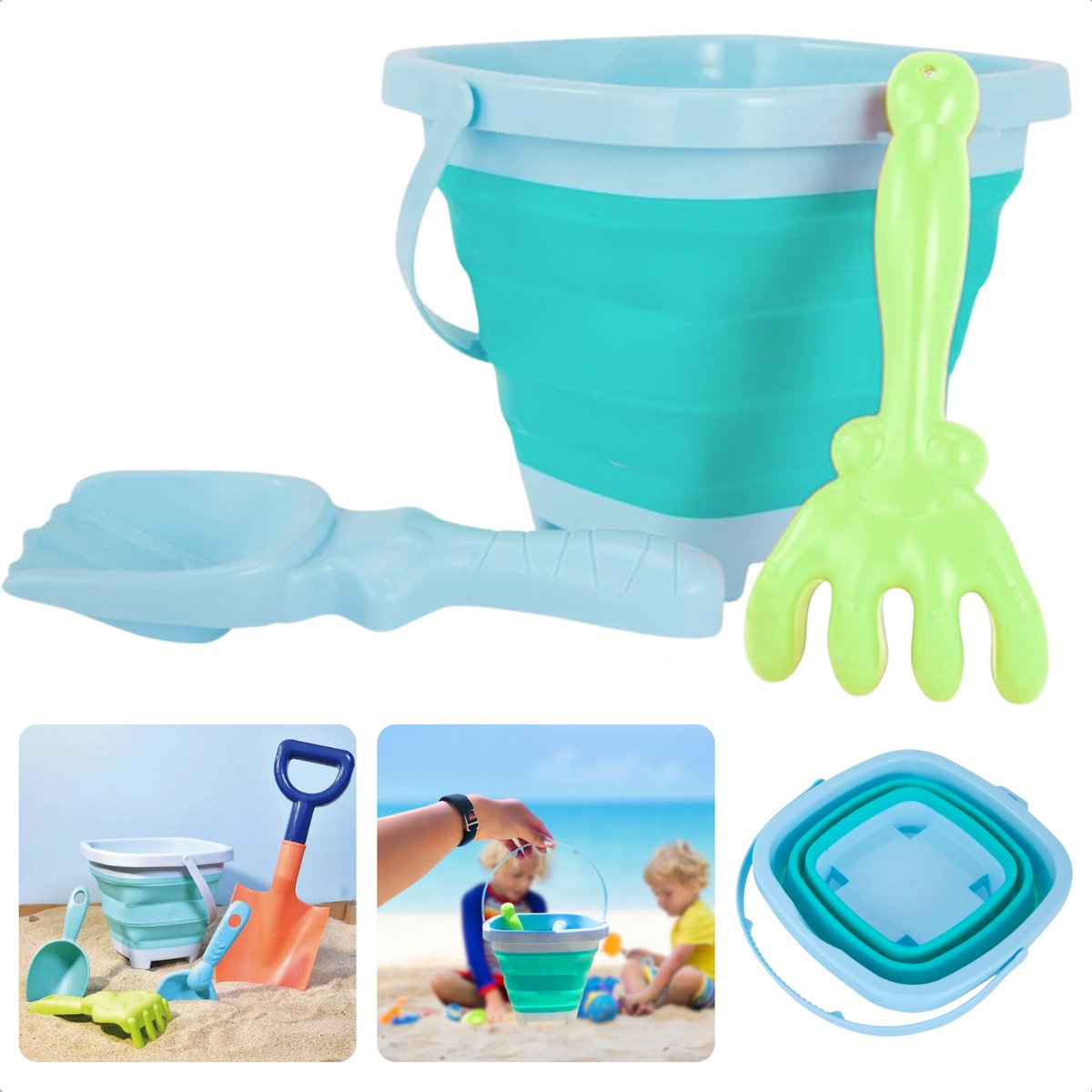 Cheqo® Opvouwbare Emmer Set - Emmer en Schepje - Strand Speelgoed - Strandspeelgoed Kinderen - 3-delig - Compact en Duurzaam
