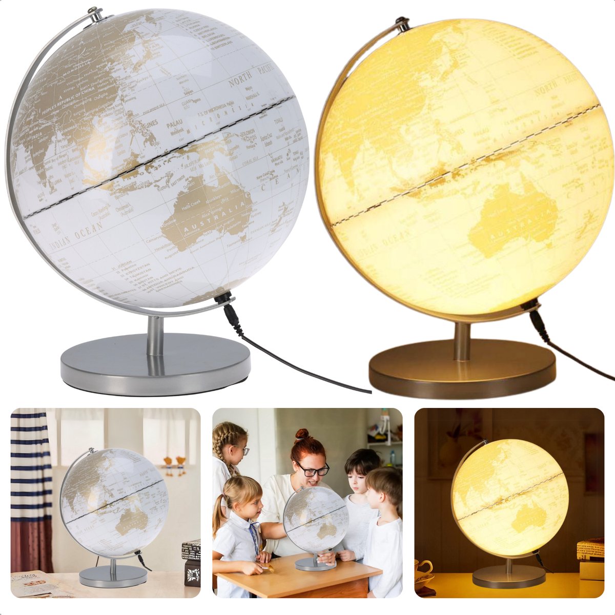 Cheqo® Wereldbol Lamp - Wereldbol Met Verlichting - LED Globe - Nachtlamp - Decoratieve USB Lamp - Wit Goud