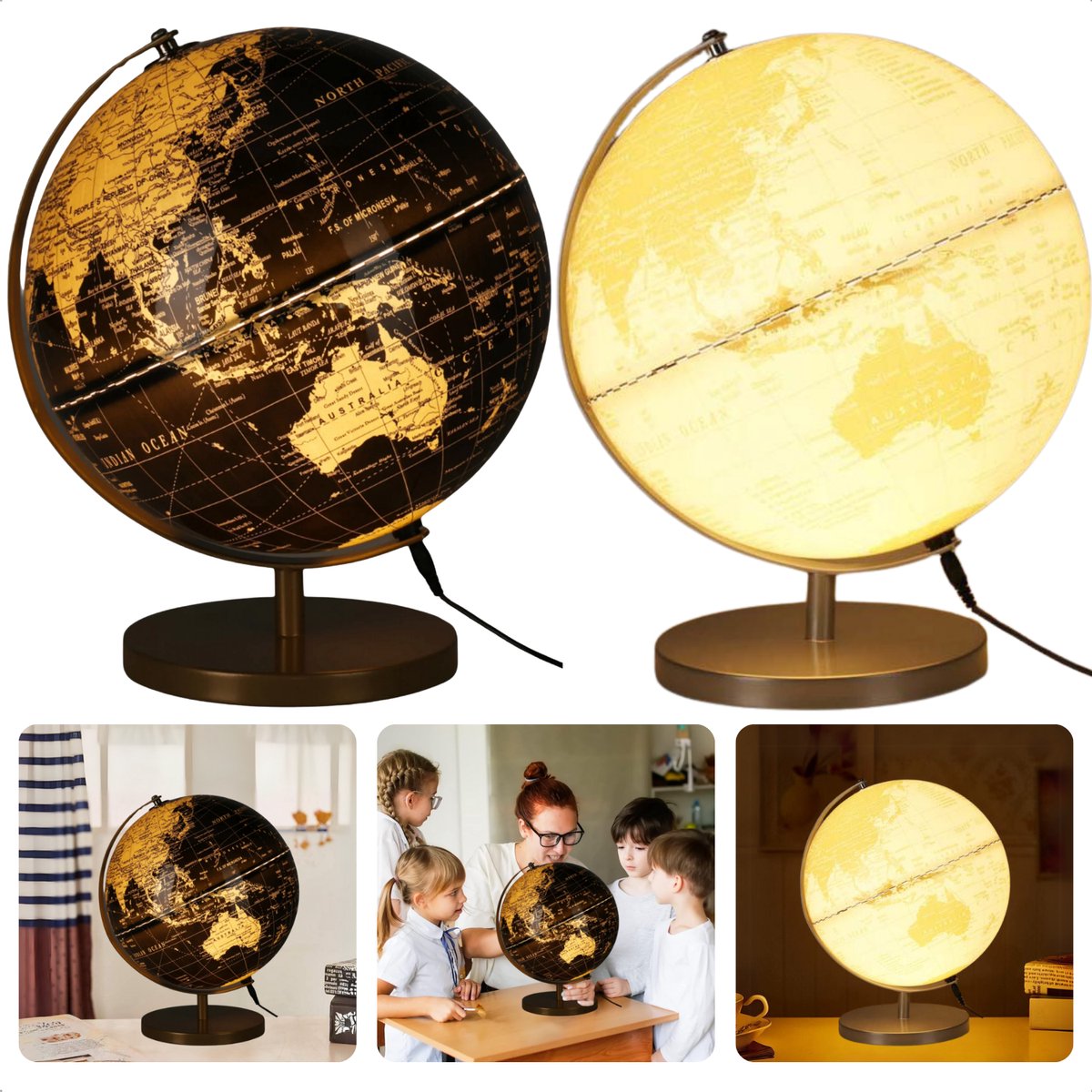 Cheqo® Wereldbol Lamp - Wereldbol Met Verlichting - Nachtlamp - Zwart & Goud - USB Aansluiting - Decoratieve Globe