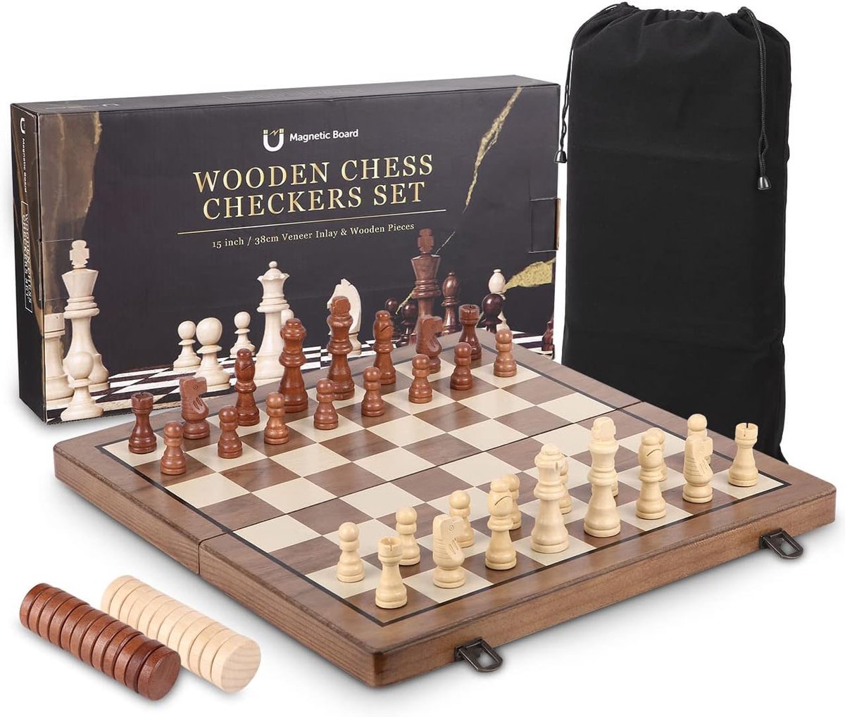 Wooden   & Checkers set - Luxe Magnetische Reisschaak- en Dambord 39x39 cm - Inklapbare 2-in-1 Houten Schaak Set - icl. opbergtas