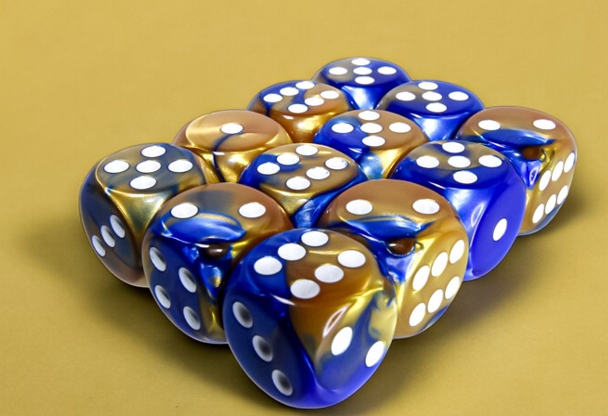 Chessex Gemini Blauw-Goud/Wit D6 16mm Dobbelsteenset (12 stuks)
