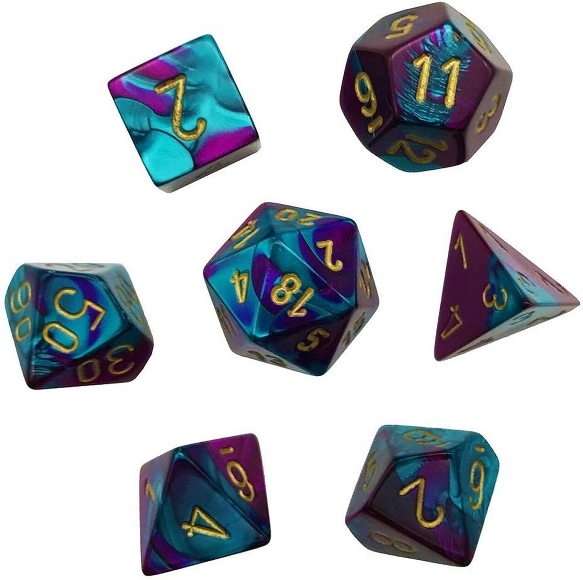 Chessex Gemini Mini-Polyhedral Purple-Teal/gold Dobbelsteen Set (7 stuks)
