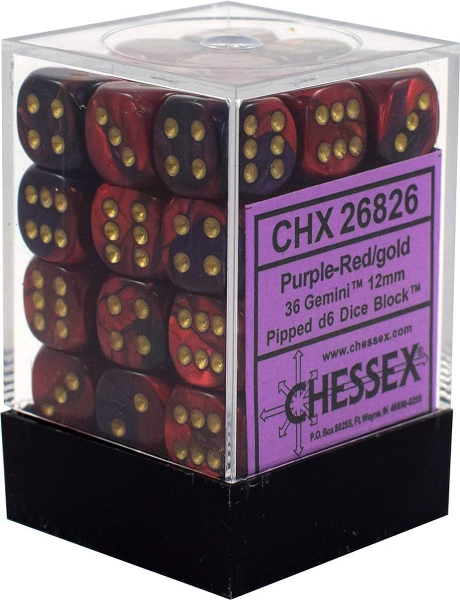 Chessex Gemini Paars-Rood/goud D6 12mm Dobbelsteenset (36 stuks)