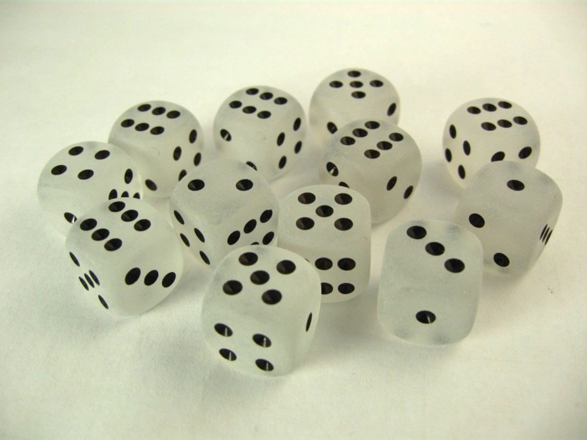   dobbelstenen set, 12 6-zijdig 16 mm, Frosted clear w/black