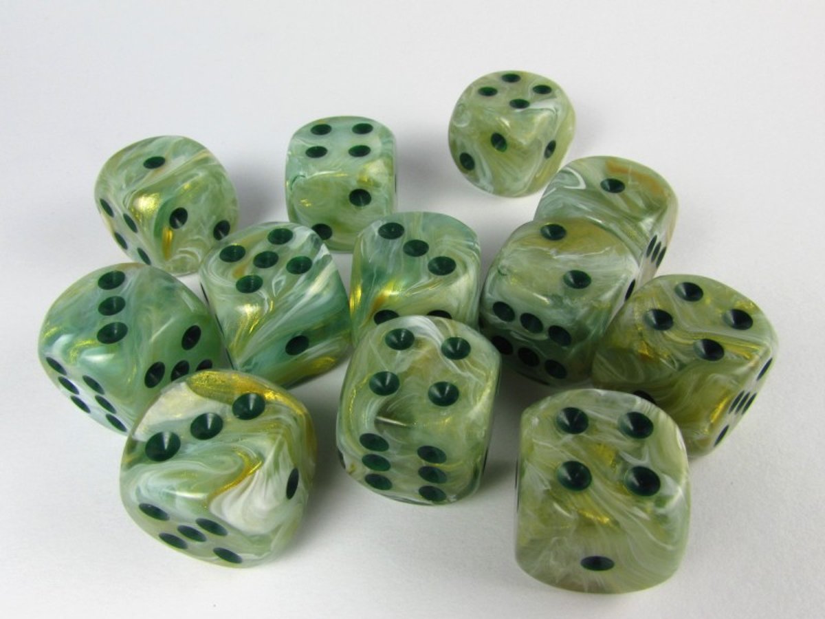   dobbelstenen set, 12 6-zijdig 16 mm, Marble green w/dark green