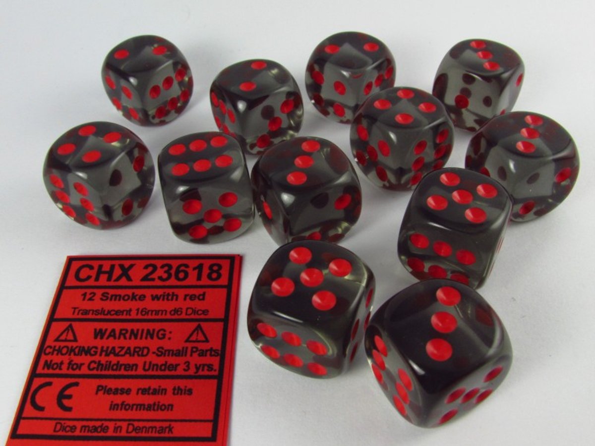 Chessex dobbelstenen set, 12 6-zijdig 16 mm, transparant donkergrijs met rood