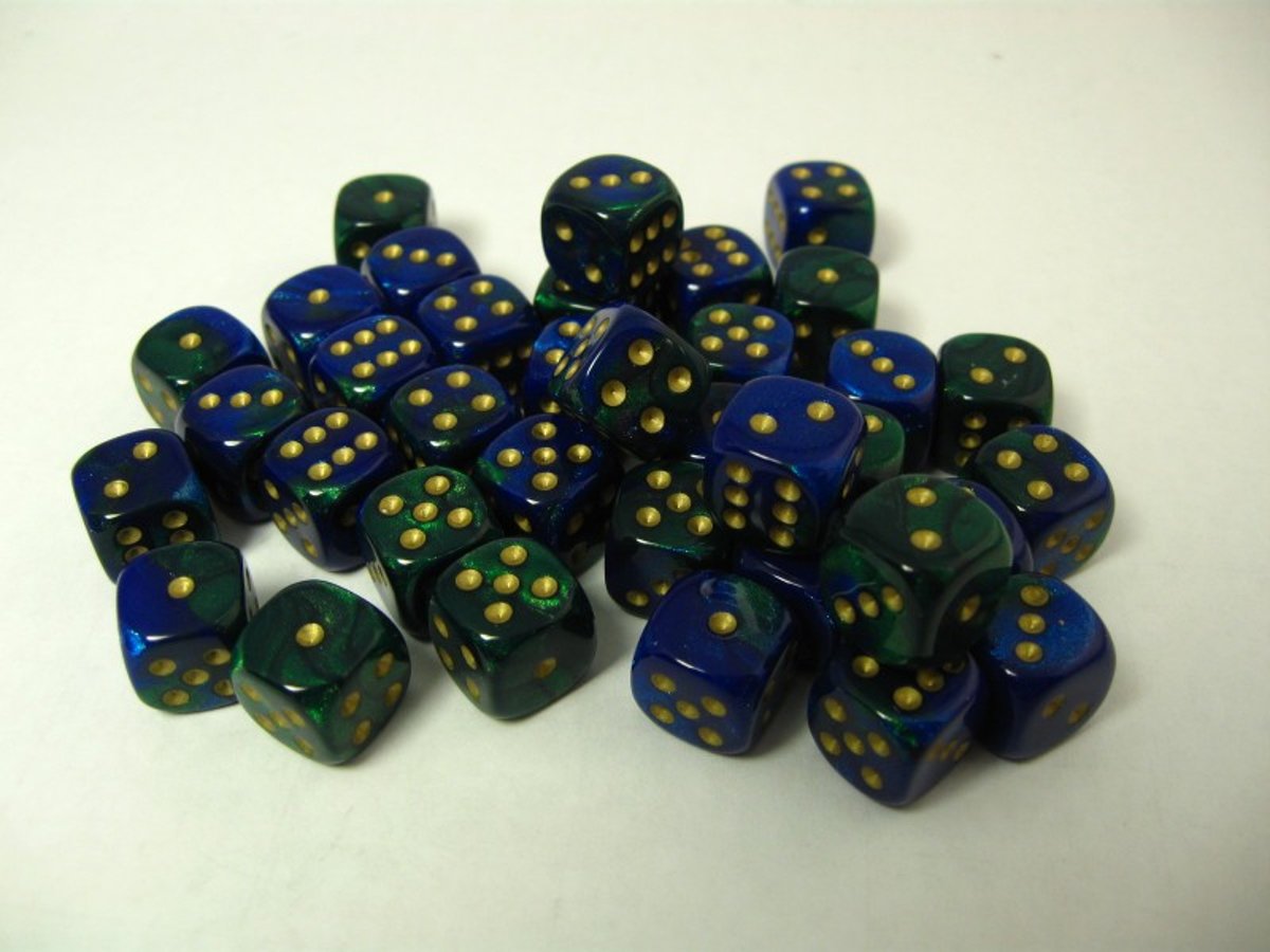   dobbelstenen set, 36 6-zijdig 12 mm, Gemini blue-green w/gold