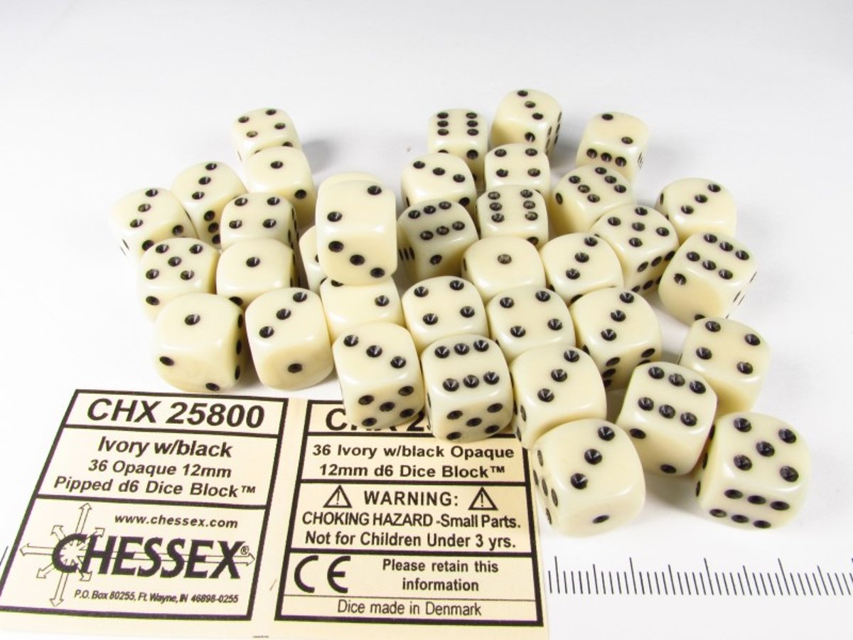 Chessex dobbelstenen set, 36 6-zijdig 12 mm, ivoorkleurig