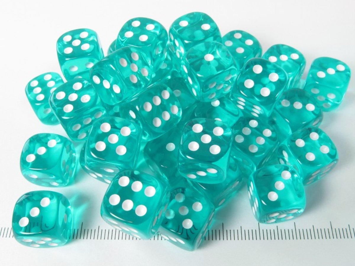 Chessex dobbelstenen set, 36 6-zijdig 12 mm, transparant turquoise