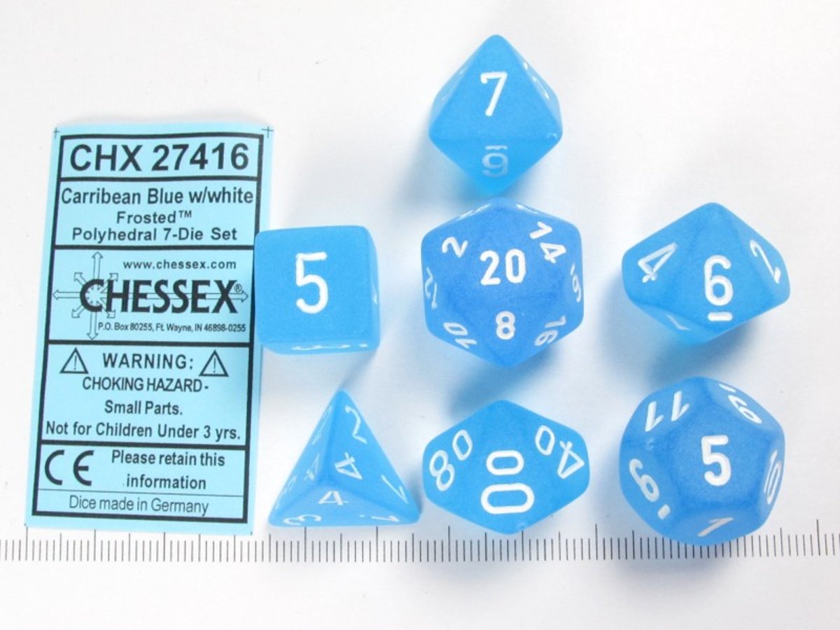 Chessex dobbelstenen set, 7 polydice, Frosted Caribbean blue w/white