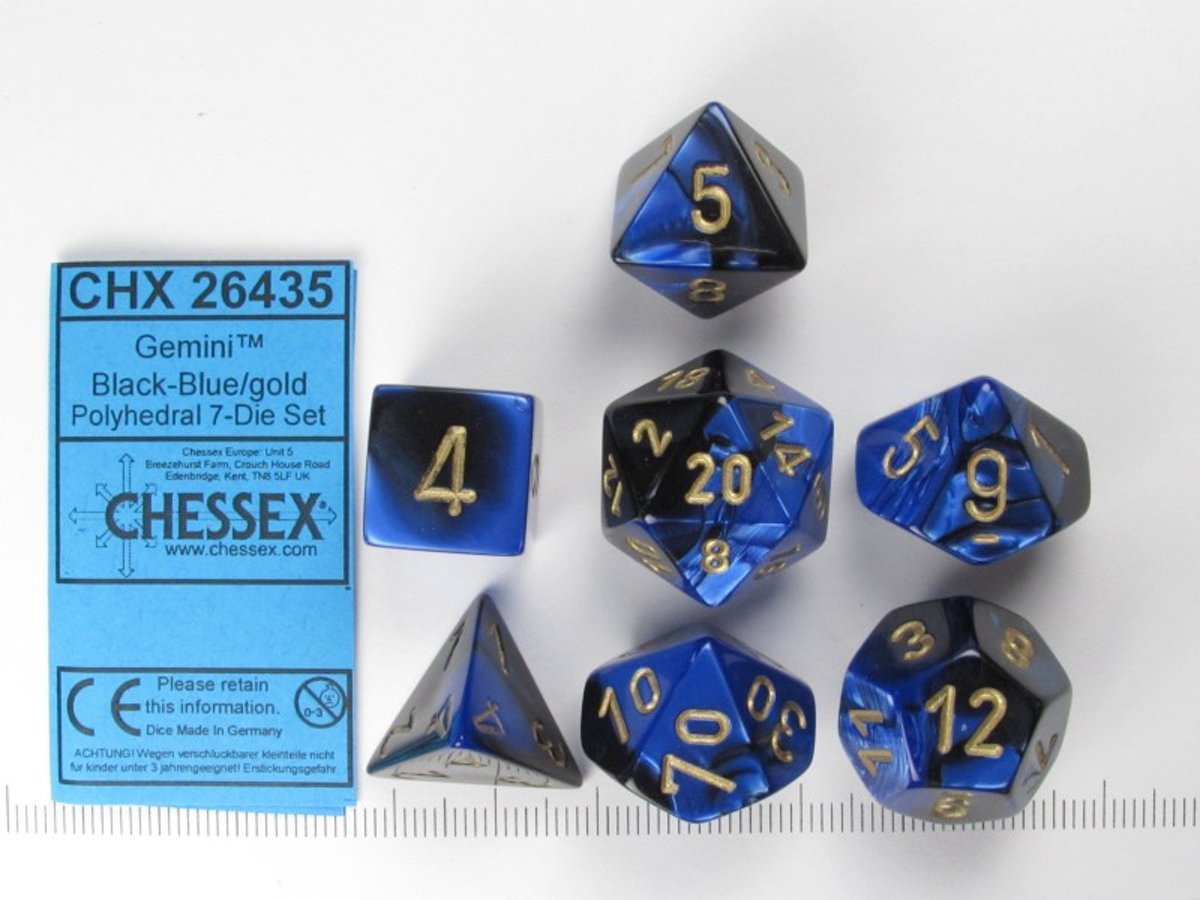 Chessex dobbelstenen set, 7 polydice, Gemini black-blue w/gold