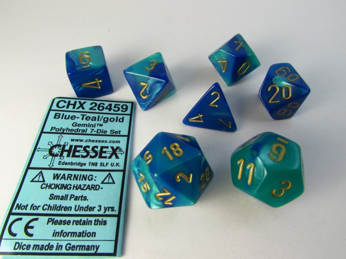 Chessex dobbelstenen set, 7 polydice, Gemini blue-teal w/gold