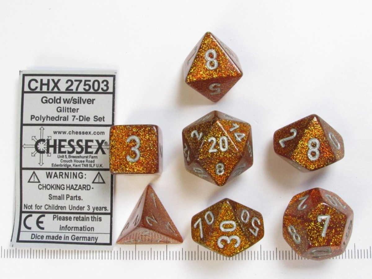 Chessex dobbelstenen set, 7 polydice, Glitter Gold w/silver