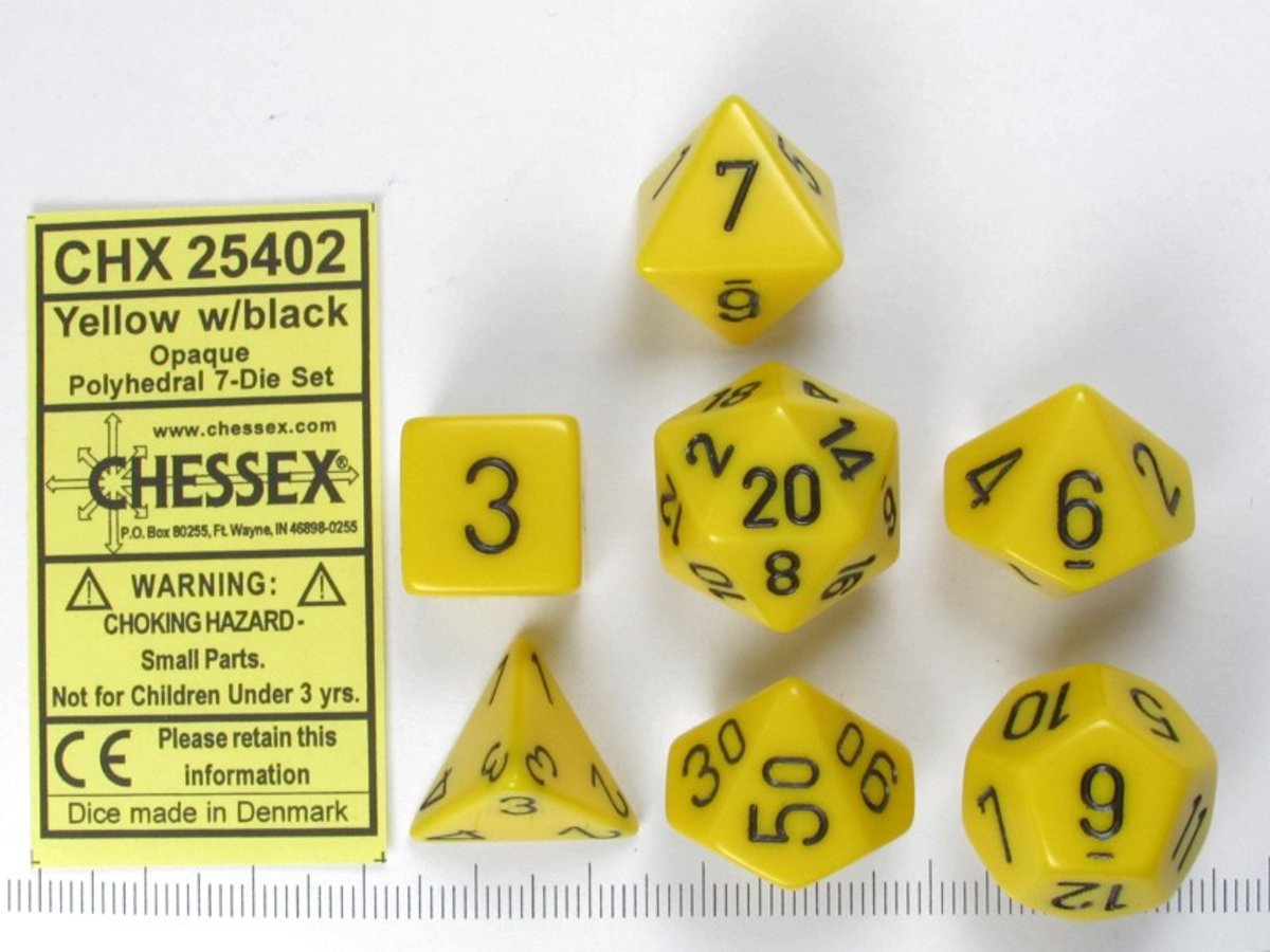 Chessex dobbelstenen set, 7 polydice, Opaque Yellow w/black